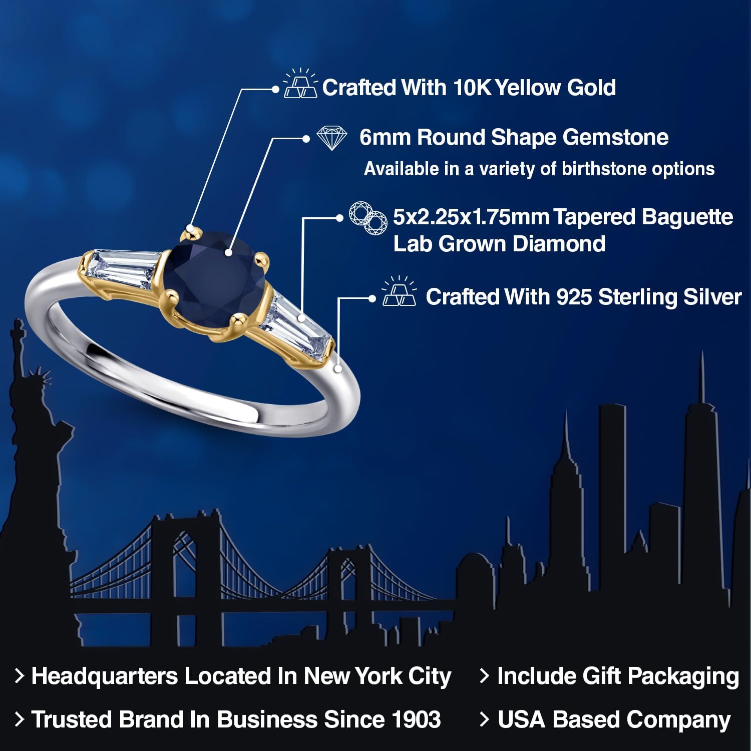 Gem Stone King 925 Silver and 10K Yellow Gold Gemstone Birthstone and Lab Grown Diamond Engagement Ring For Women | Round 6MM | Available in Size 5,6,7,8,9 - Image 2