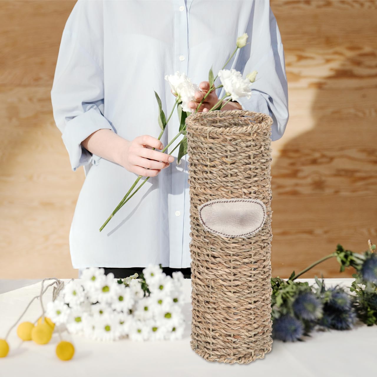 Wakauto Handmade Rattan Vase,Natural Woven Container Desktop Planter Holder for Home Decor Elegant Decorative Flower Holder for Dried and Artificial Flowers