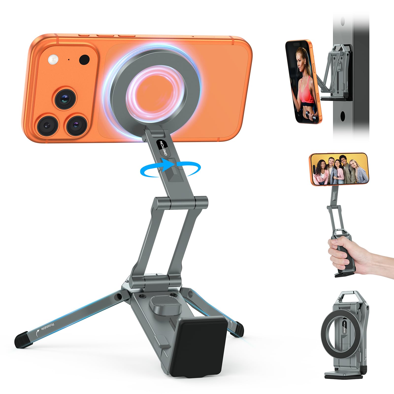 Photo 1 of OMOTON TP02 360°Rotating for MagSafe Tripod Mount, Adjustable Aluminum Magnetic Phone Tripod for iPhone 17/16/15/14 Pro Max Air, Foldable Cell Phone Stand Fits Vlog, Gym, Travel Essentials, Gray