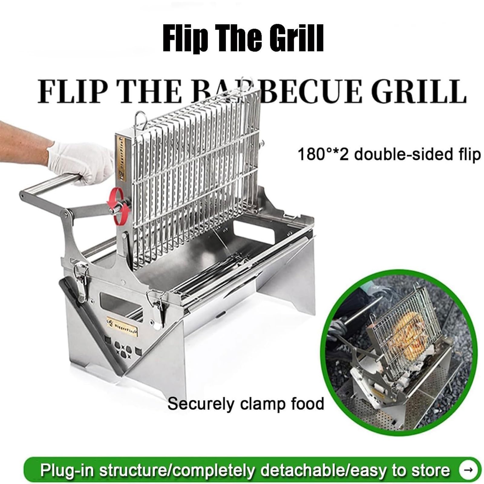 Barbecue portatile in acciaio inox a carbonella, girevole a 360°, facile da smontare, per picnic, campeggio, terrazza, feste, cucina all'aperto