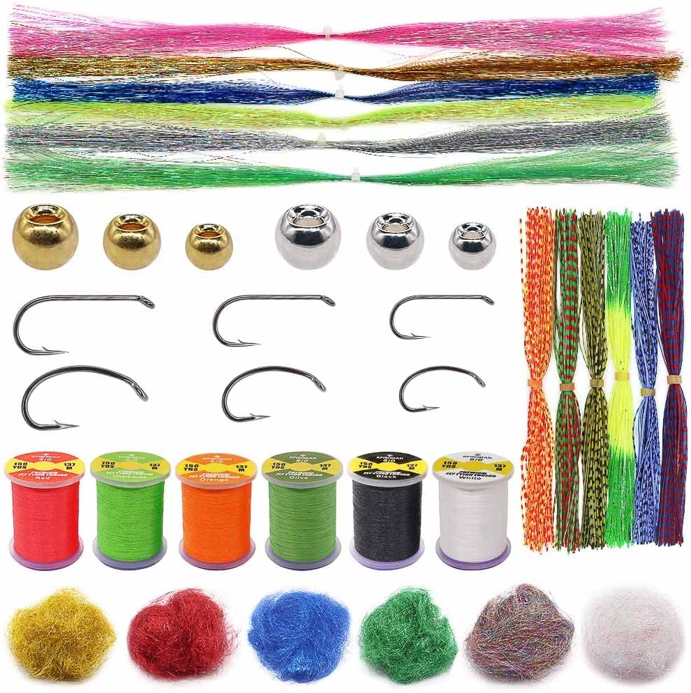 XFISHMAN Fly Tying Kit - Beginner's Fly Tying Materials - 120 Pieces - Includes Hooks, Brass Beads, Dubbing, Thread, Legs, Flashabou
