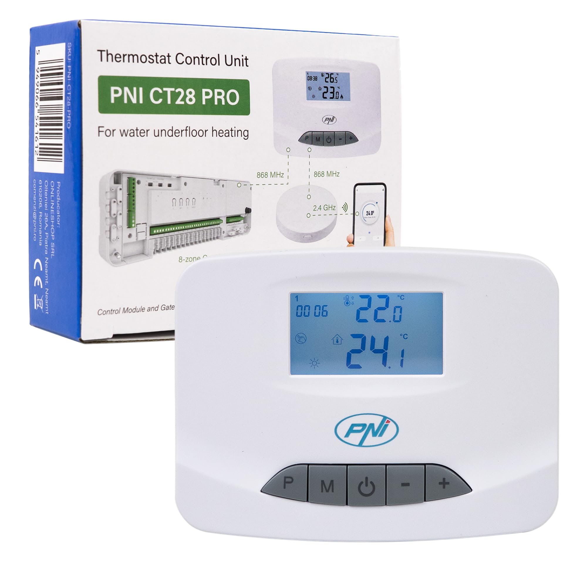 PNI-CT28 PRO wireless thermostat control unit, for underfloor heating compatible with PNI-CT28M solenoid valve control module and with PNI-CT28WIFI Hub