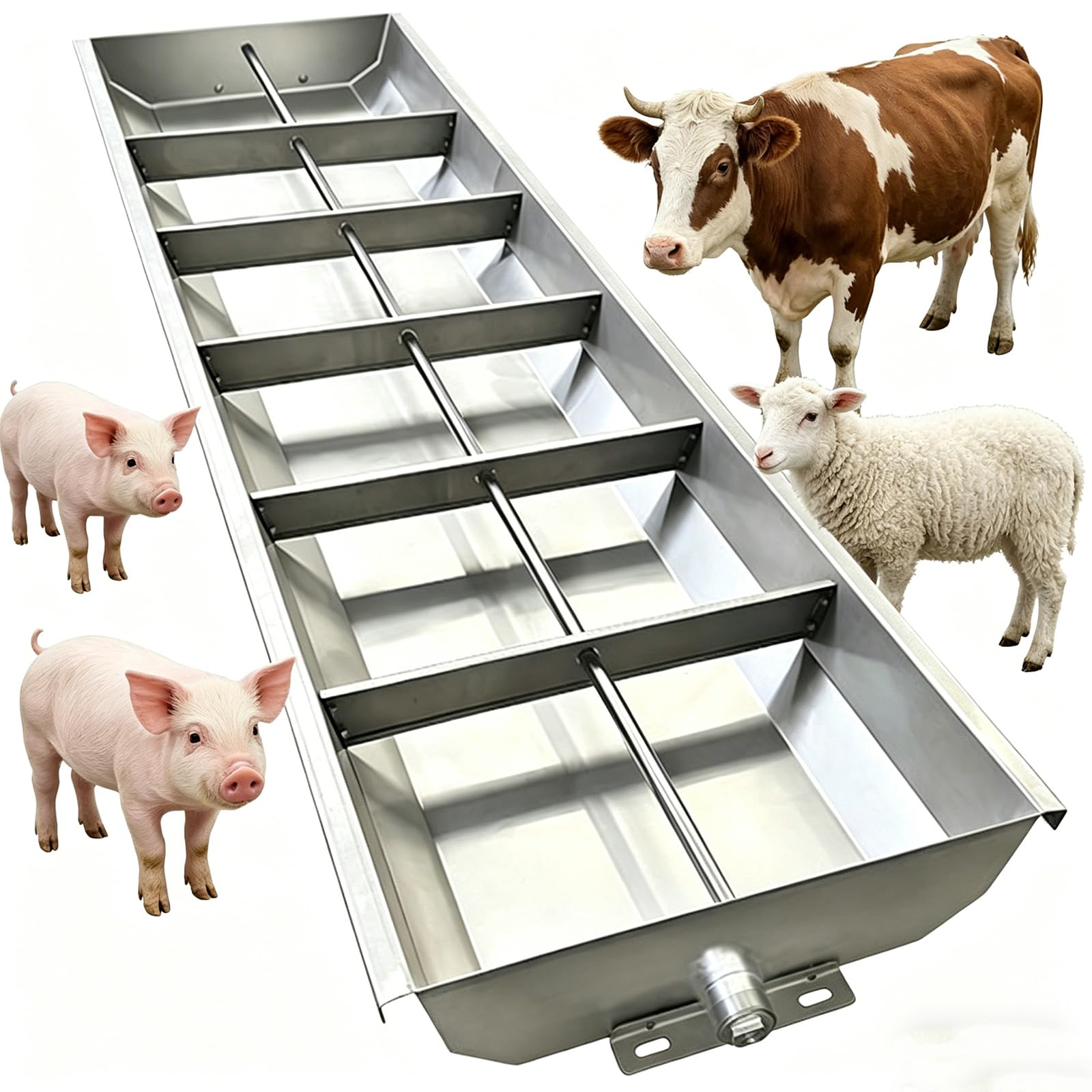 100cm Comedero para Cerdos Comedero para Ganado Comedero para Lechones De Acero Resistente, Comedero De Canaleta Multiusos Comedero con Valla Separada, De Acero Galvanizado,Plata,200cm