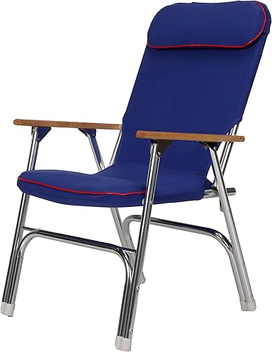 Seachoice Silla plegable de lona con respaldo alto, azul con borde rojo, se pliega para un fácil almacenamiento