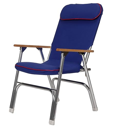 Seachoice High-Back Canvas Folding Chair, Blue w/Red Trim, Folds for
