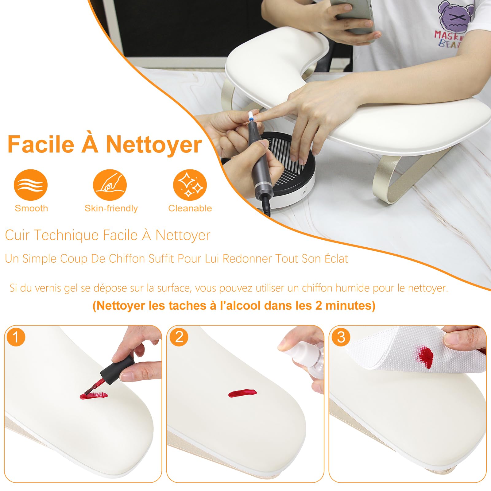 Repose Main Ongle,Forme du U Repose Mains Manucure pour Table Manucure,Coussin Manucure Repose Main avec Cuir Effaçable,Supports Détachables,Repose-bras pour Professionnels Maison Salon