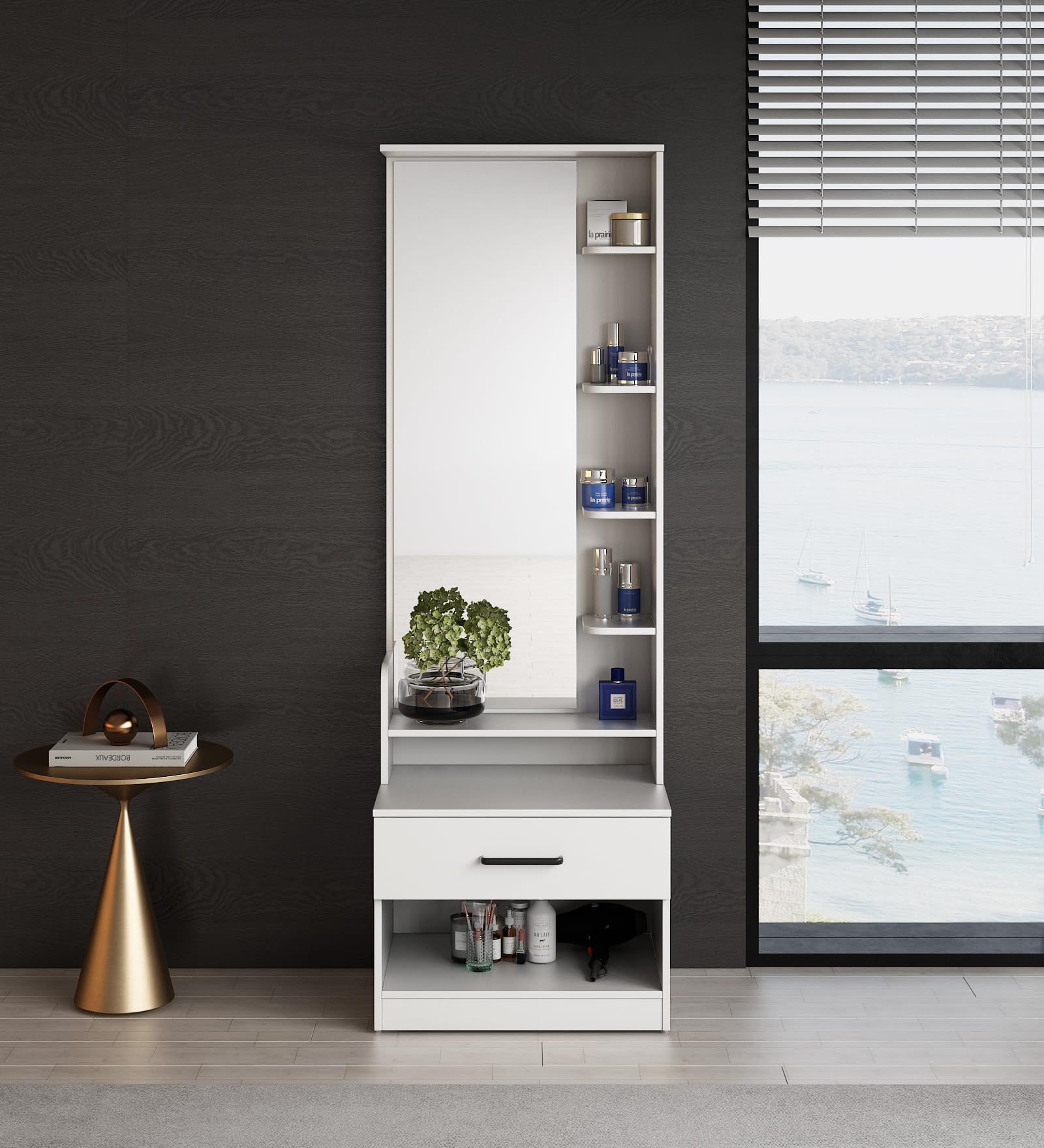 A GLOBIA CREATIONS Miko Engineered Wood Dressing Table with Storage | Frosty White Matte Finish | Large Mirror (120x40 cm) | Bedroom Furniture | Knock Down Assembly-picture-22