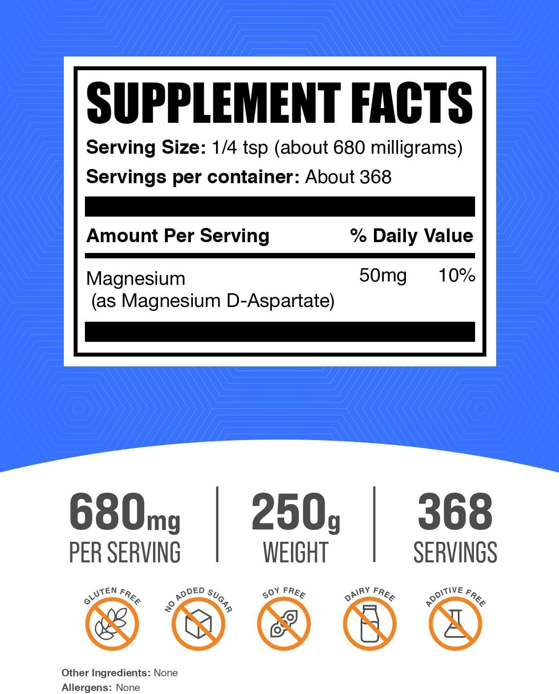 BulkSupplements.com Magnesium D-Aspartate Powder - Magnesium Supplement, High Absorption Magnesium, Magnesium Asparte Powder - Gluten Free, 680mg (49mg of Magnesium) per Serving, 250g (8.8 oz)
