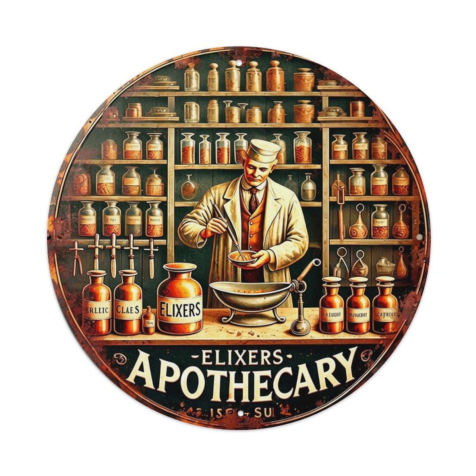 Jdyansheng Vintage Apothecary Elixirs Shop Scene Tin Sign Metal Poster Metal Signs For Home Man Cave Bar Cafe Kitchen Laundry Room Wall Decorations 8X8 Inches