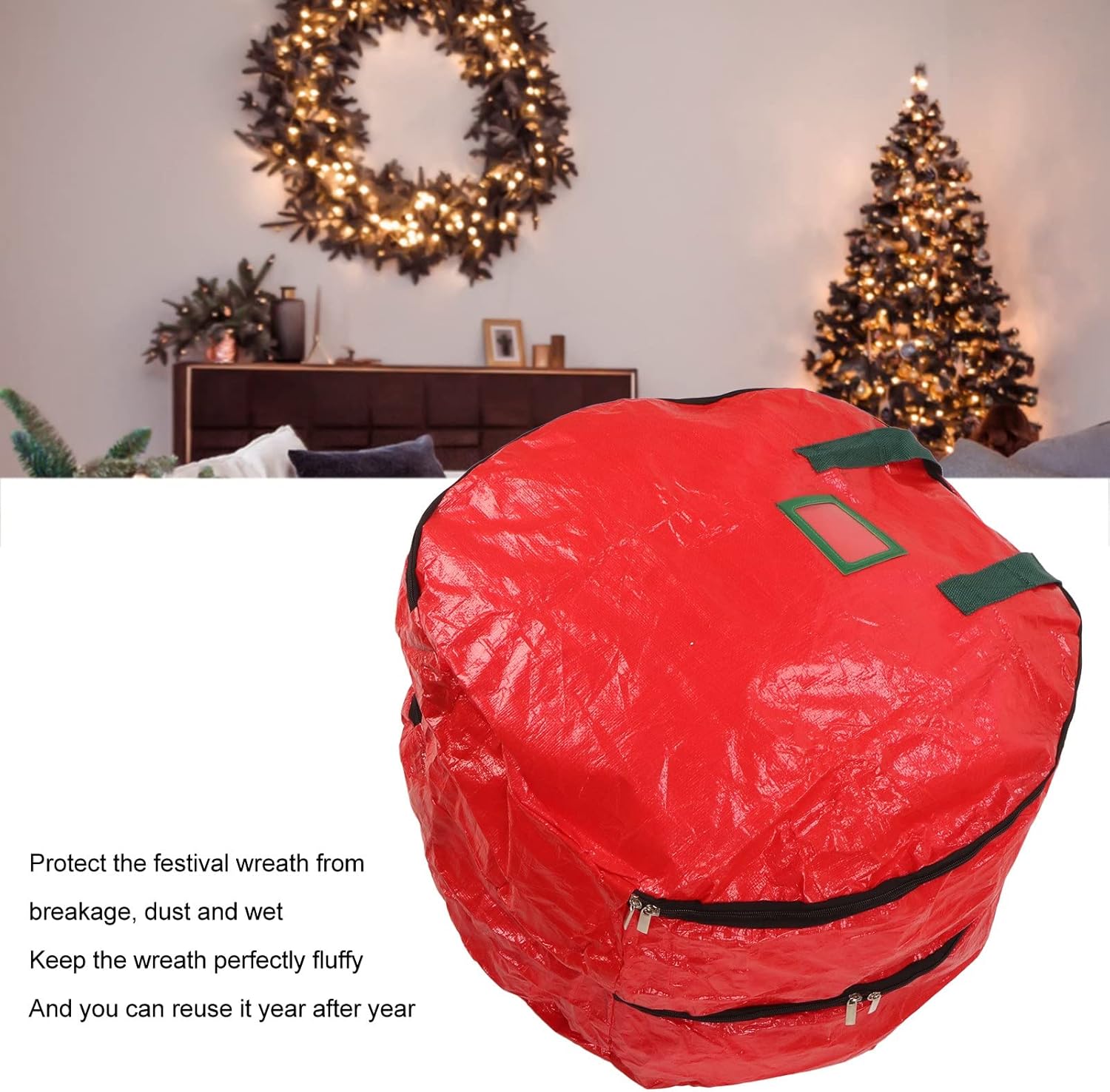 24 Inch Double Layer Christmas Wreath Storage Bag,Waterproof Dustproof Red Holiday Wreath Container Seasonal Christmas Ornament Wreath Storage Box for Xmas
