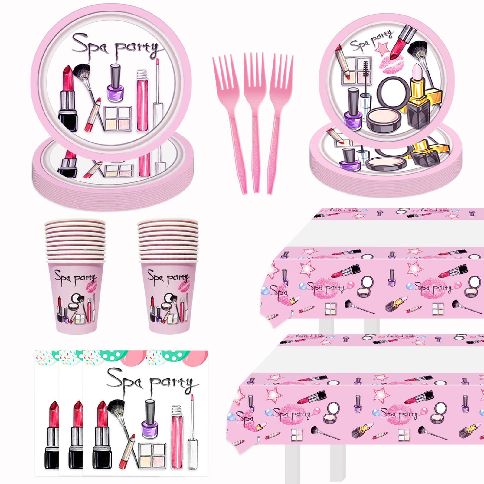 122pcs Spa Party Plates Napkins Cups Forks Tablecloth Tableware Kit for Girls Makeup Spa Day Birthday Supplies Decorations - 20 Guests