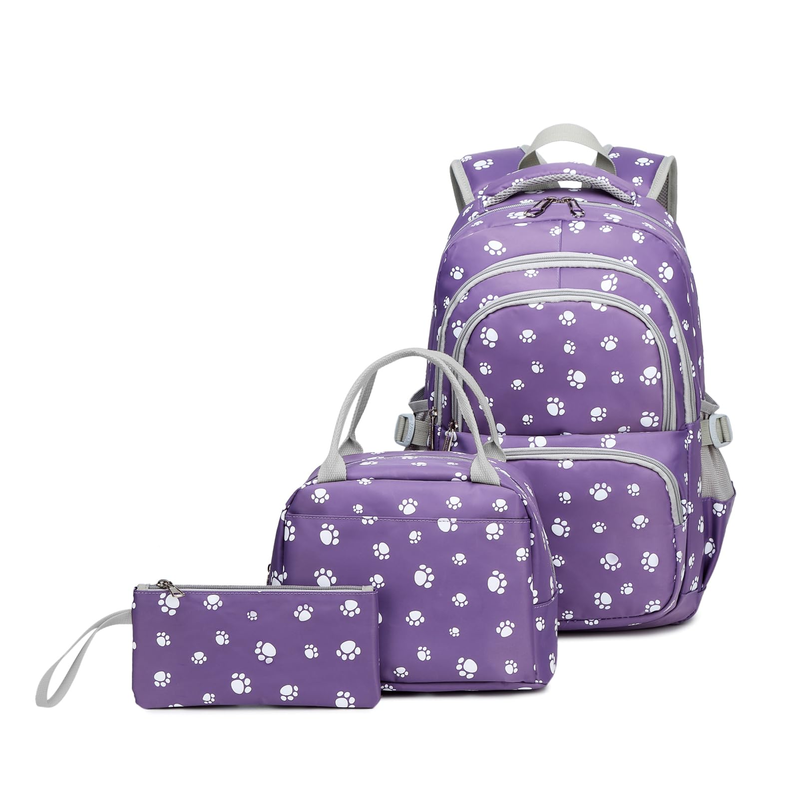 goldwheat 3Pcs Dog Paw Printed Backpack Set With Lunch-Bag For Girls Elementary Students Bookbag School-bag
