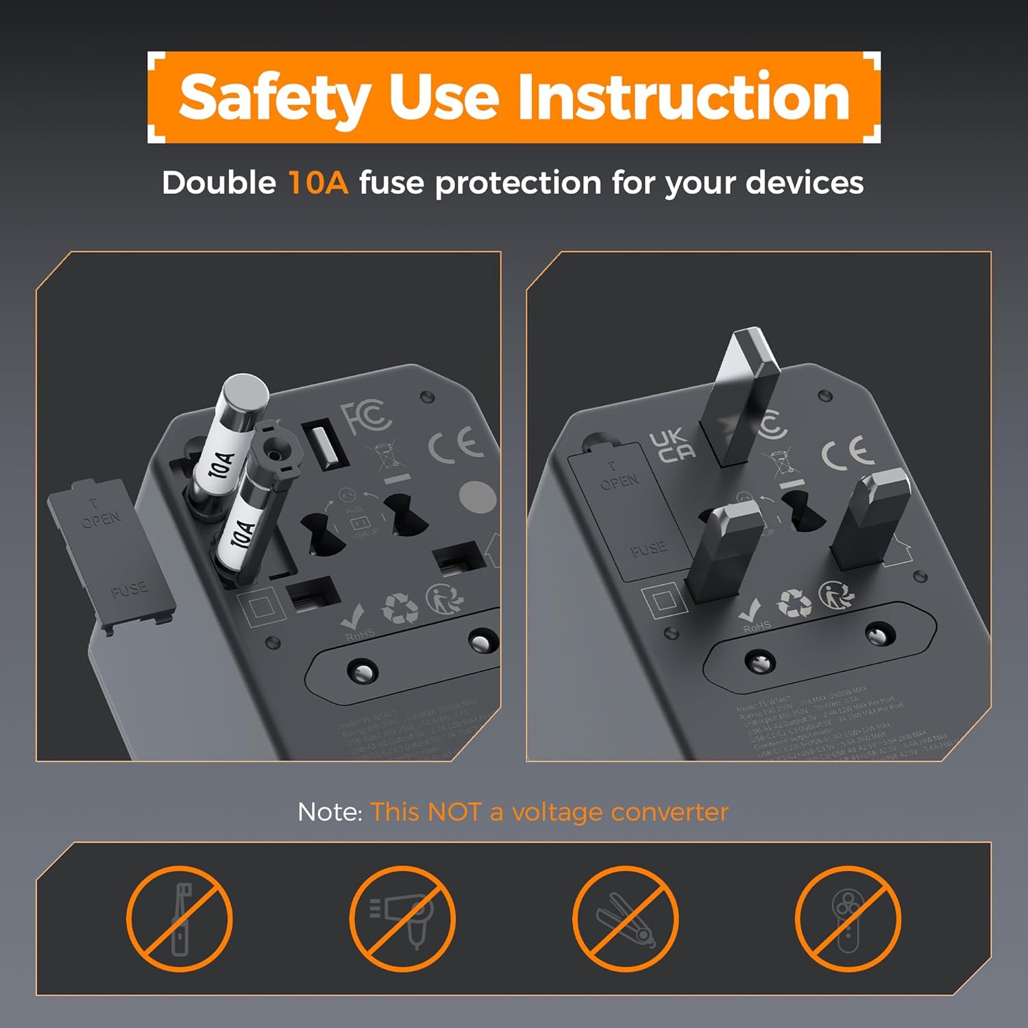 Close-up of the TESSAN adapter showing the fuse compartment and spare fuses