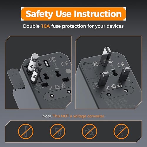 Miniatura 6 de TESSAN Adaptador de viaje universal, adaptador de corriente internacional GaN de 65 W con 5 puertos USB (3 USB C), adaptador de enchufe mundial