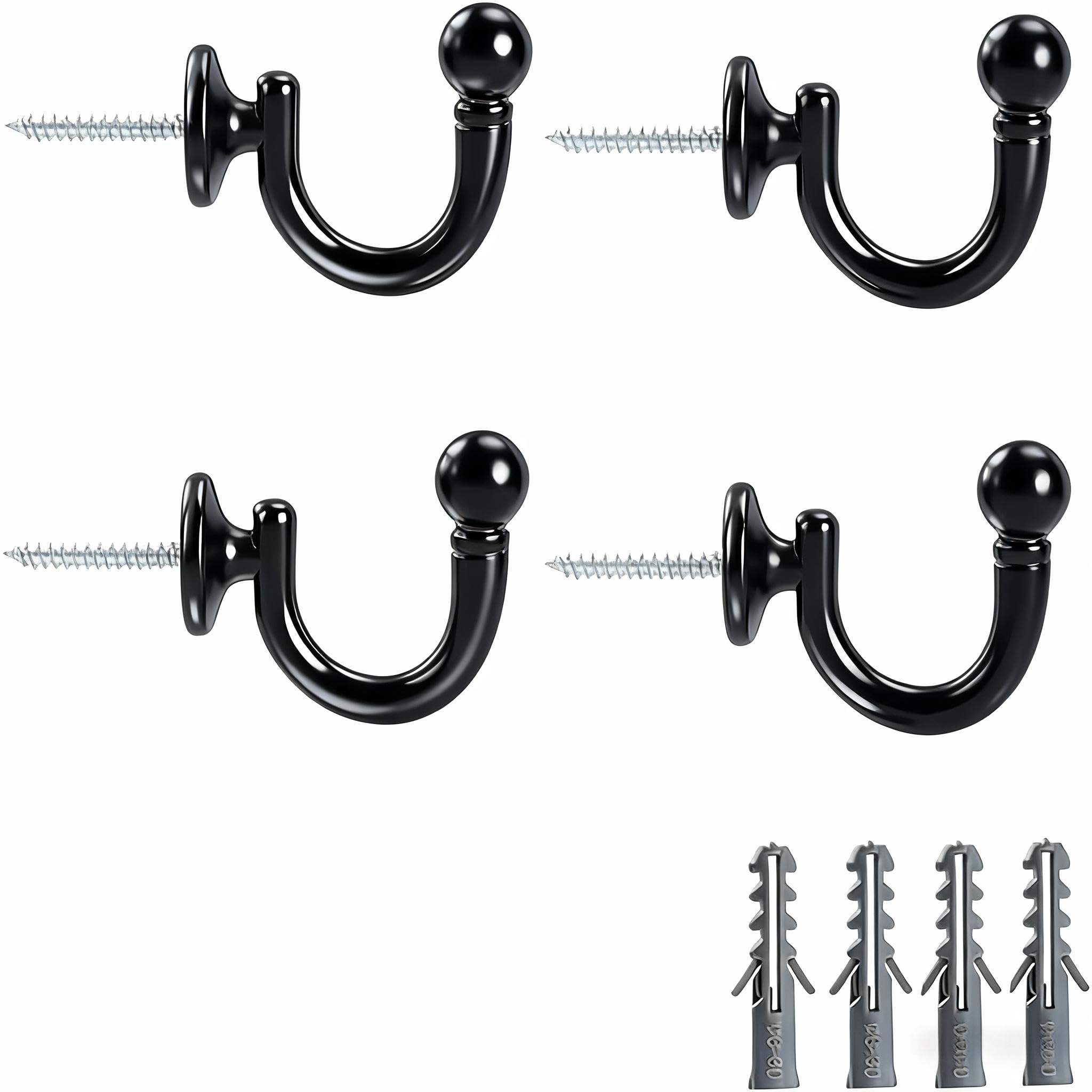 Curtain Tie Backs Hooks-4PCS Black Ball End Curtain Holdback Tie Backs Screw in Hooks Heavy Duty Hanger Hooks for Hanging Curtains Clothes Coat Hat Bag