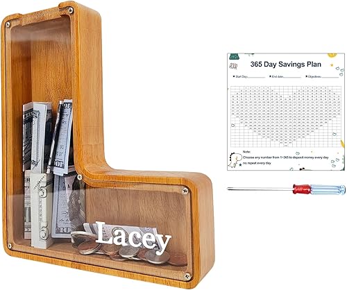 Miniatura 8 de Alcancía de madera personalizada, (nombre grabado con láser) tanque creativo de almacenamiento de letras del alfabeto inglés de veintiséis letras