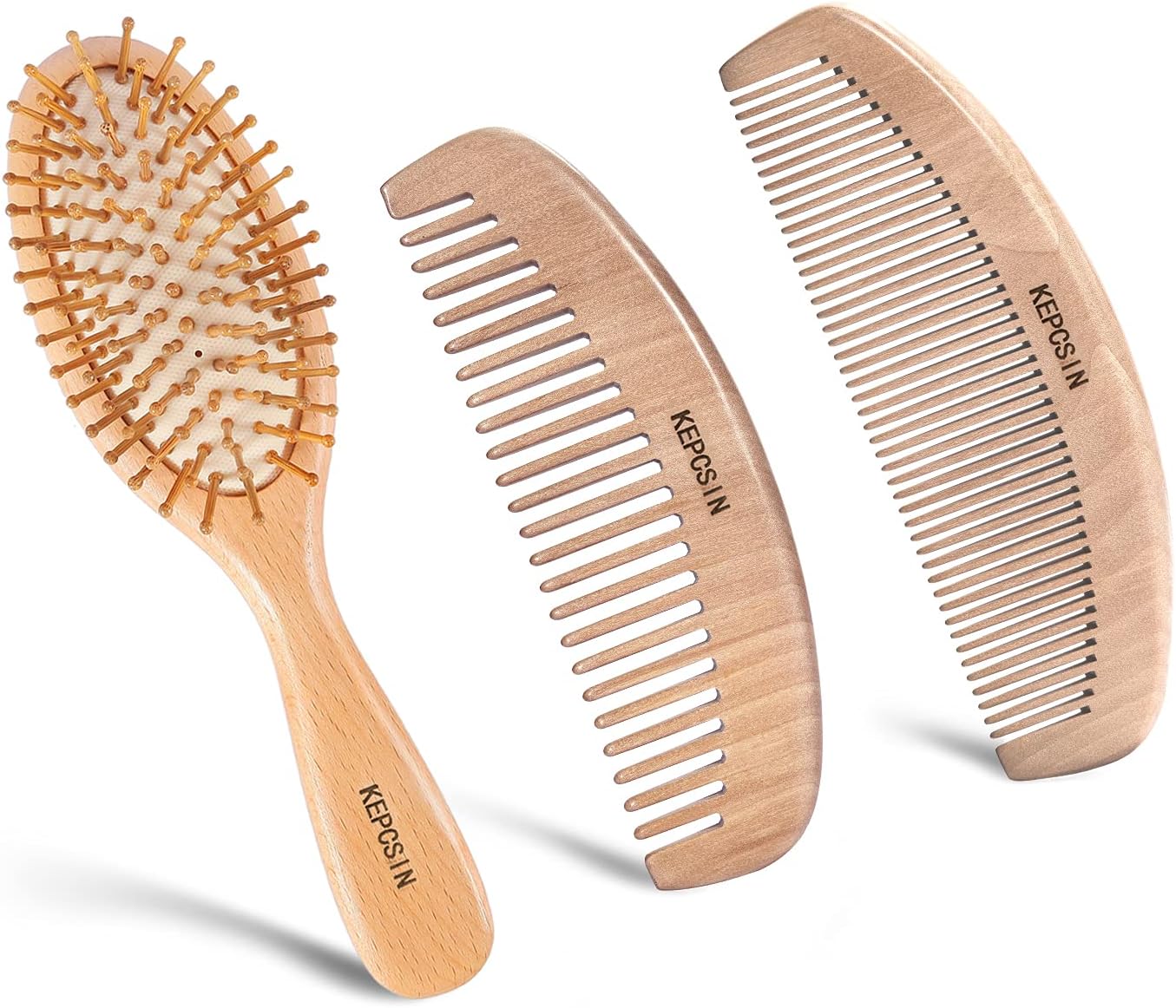Wooden Hair Brush and Wooden Comb Set, Wooden Brush with Bamboo Bristles Anti-Static Reduces Frizz and Knots, Massaging Scalp, Bamboo brush Paddle Detangling Hairbrush for Women Thick Curly Dry Hair