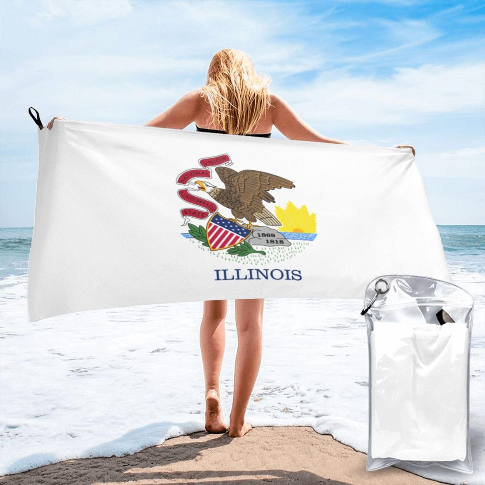 DIEzig Illinois State Flag Print Beach Towel Fast Dry Thin For Holiday Vacation Cruise Gym Swimmers
