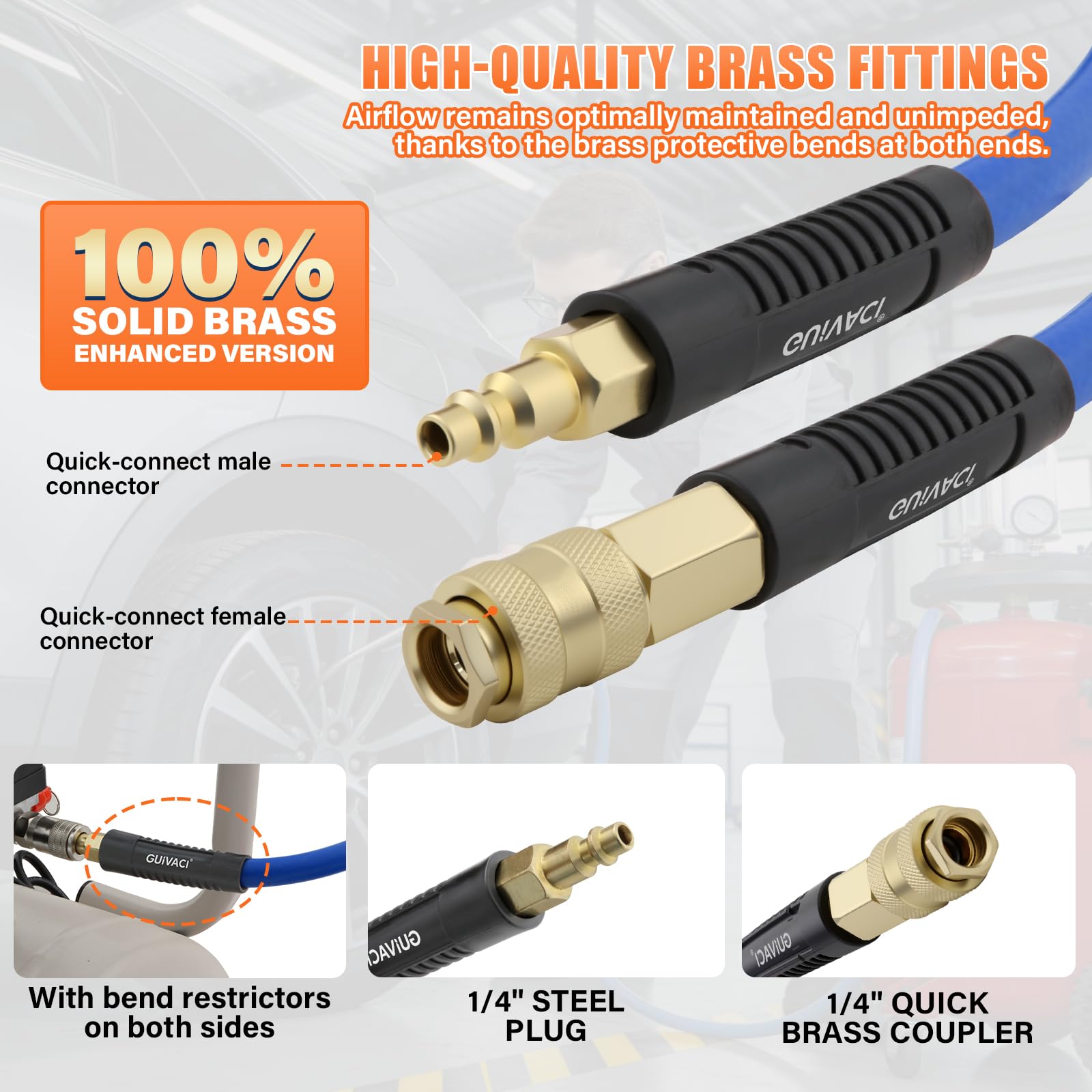 Tubo per aria compressa, 20 m, 6/12 mm, attacco rapido e nipplo, 20 bar, resistente alla piega, per compressore e officina, blu
