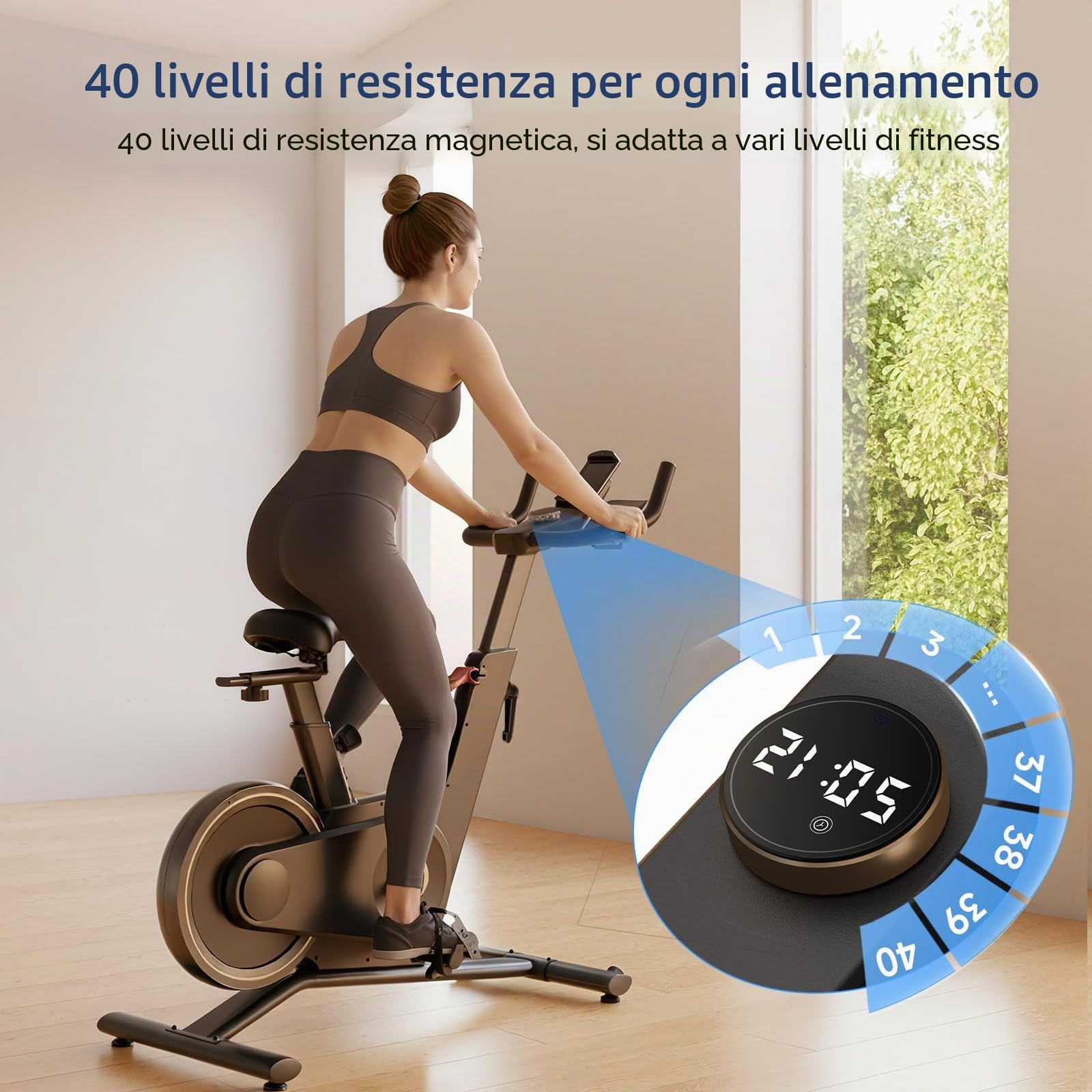 Cyclette per casa, 40 livelli di resistenza magnetica, pieghevole, per interni, capacità di peso di 120 kg, bici da fitness silenziosa, con display a LED, app supportata