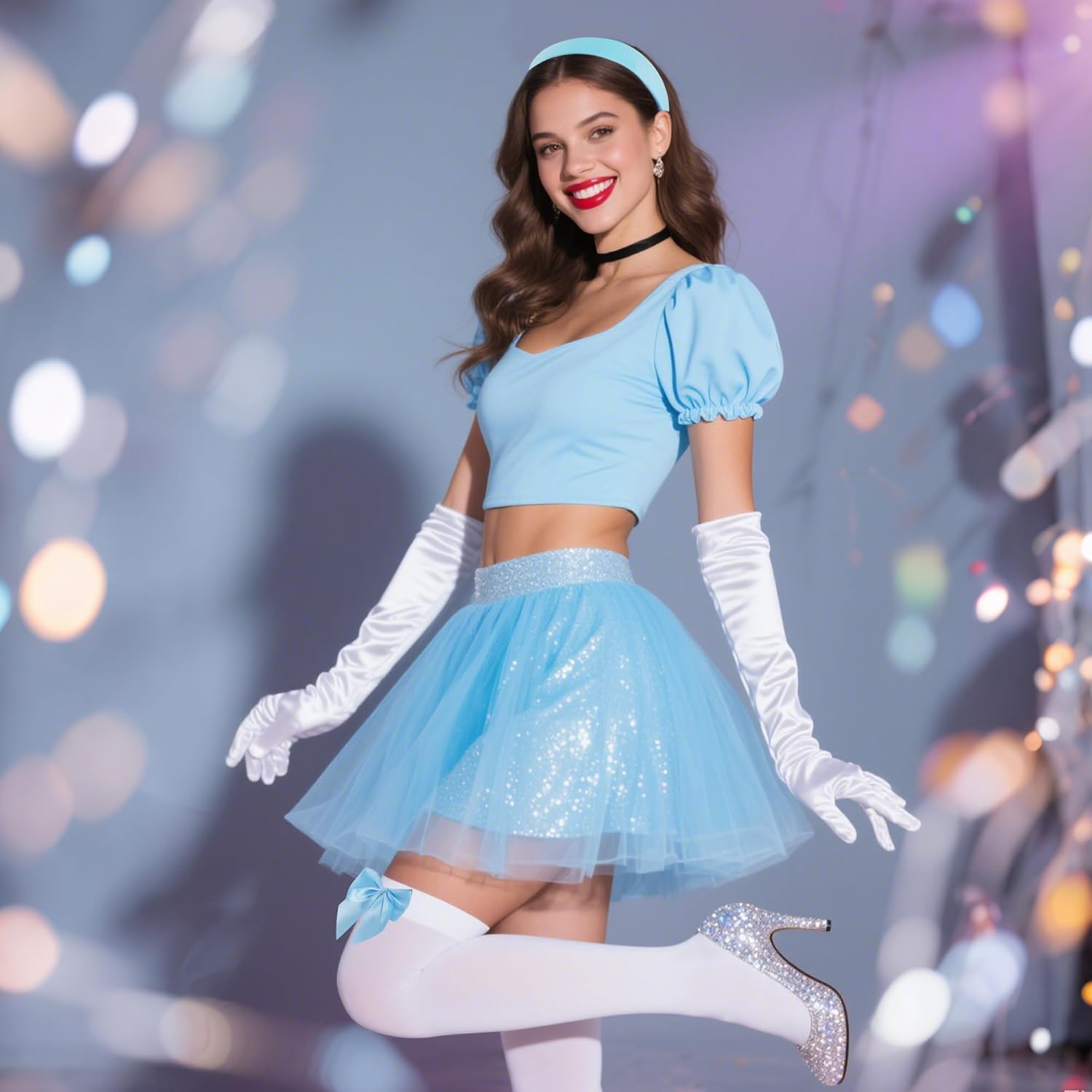 obmwang Women Princess Costume Accessories Princess Headband Long Gloves Thigh High Stockings Choker Set for Halloween Dress Up Party - Image 7