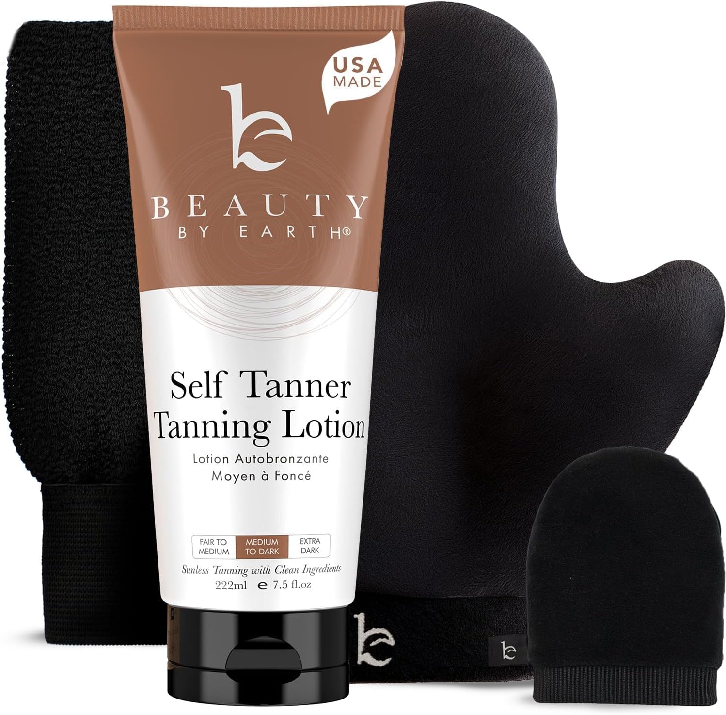 Self Tanner & Tanning Application Kit - Bundle of Sunless Tanning Lotion Made With Natural & Organic Ingredients, Exfoliation Mitt, Body and Face Applicator Glove for a Professional Self Tan