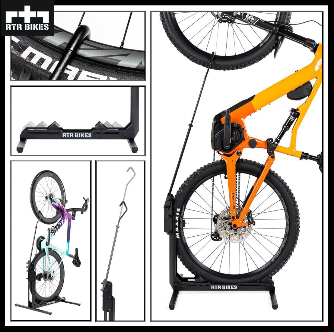 RTR BIKES Brutus Up Cavalletto Bici Verticale e Orizzontale – Supporto Pavimento Salvaspazio per E-Bike e MTB fino a 30kg – Ruote 24-29" e Gomme 3,5" – Made in EU