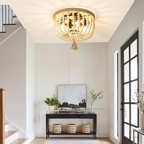 Miniatura 3 de Lámpara de techo bohemia con cuentas de madera, 4 luces de roble blanco, estilo bohemio, para dormitorio, pasillo, entrada, cuarto de bebé, pasillo,