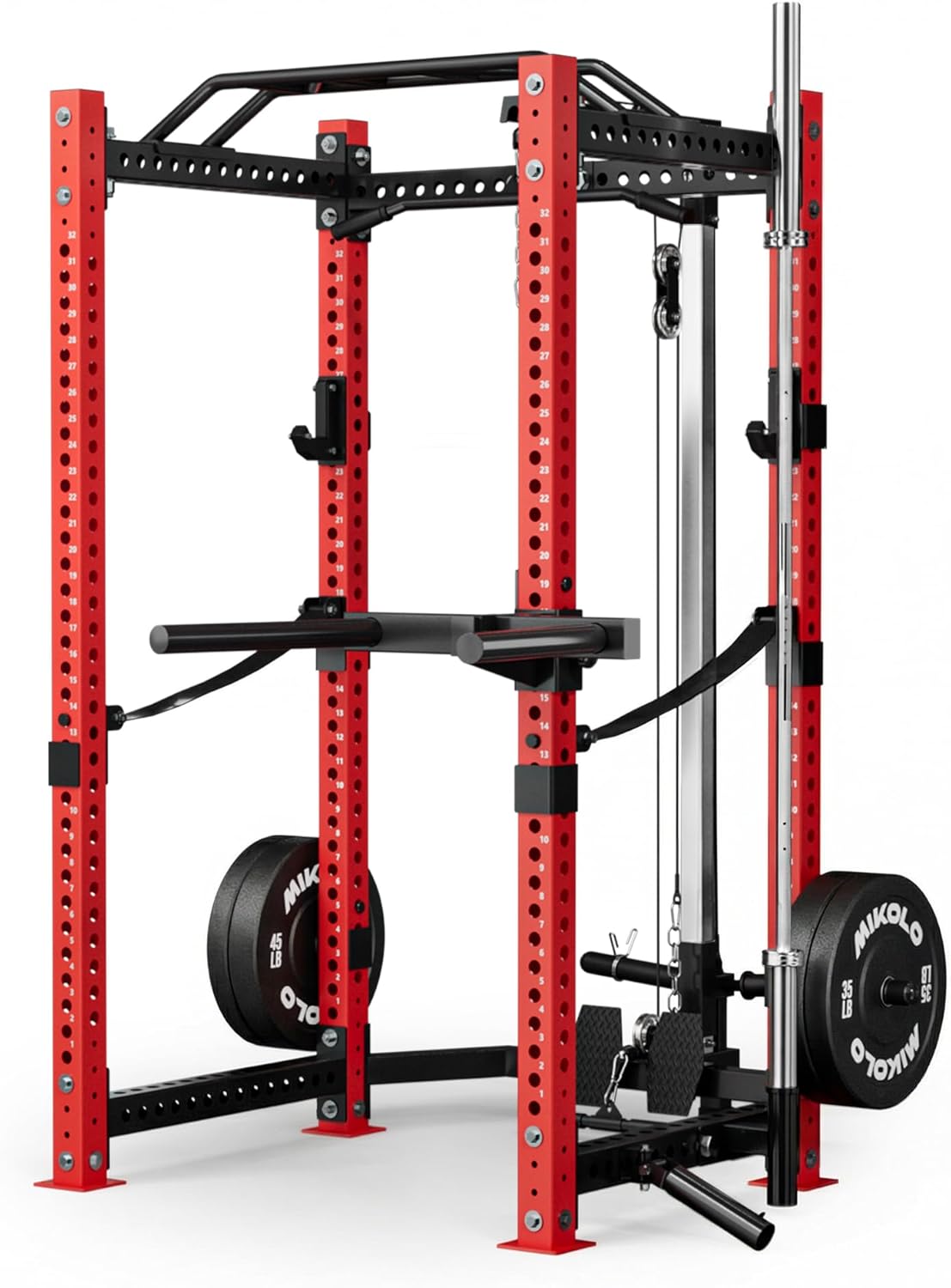 Mikolo 3"x3" Power Cage, Multi-Function Power Rack with LAT Pull Down Pulley System, Commercial Squat Rack for Home Gym with 3x3 Attachment, 1500 lbs Weight Capacity