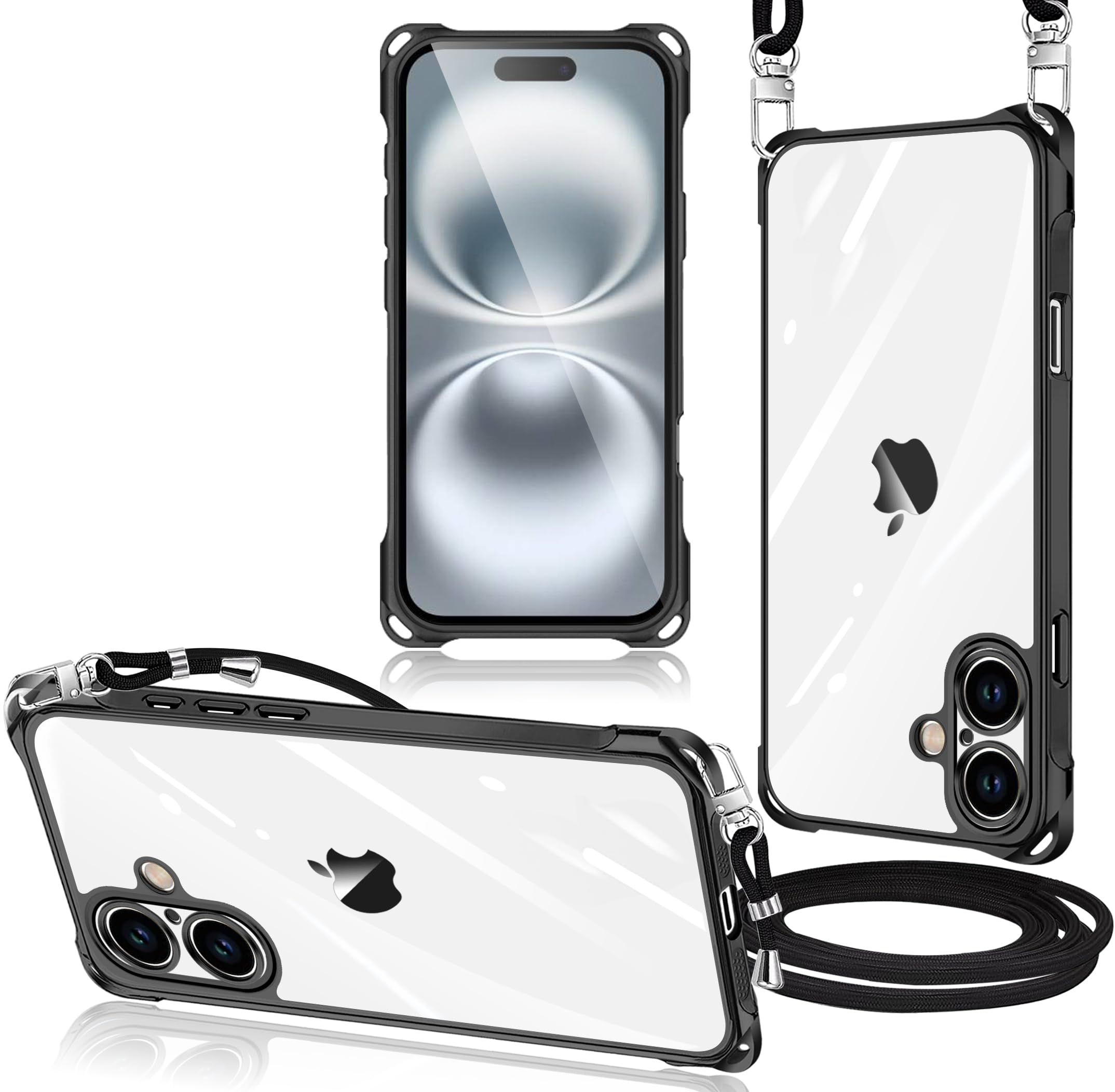 iPhone 16 用 ケース クリア ショルダー 縄掛けケース 耐衝撃 アイフォン16 用 スマホケース 透明 薄型 軽量 TPU カバー 肩掛け 斜めかけ 紐付き 織りストラップ付き 長さ調整可能 取り外し可能 落下防止 紛失防止 ワイヤレス充電対応 (ブラック)