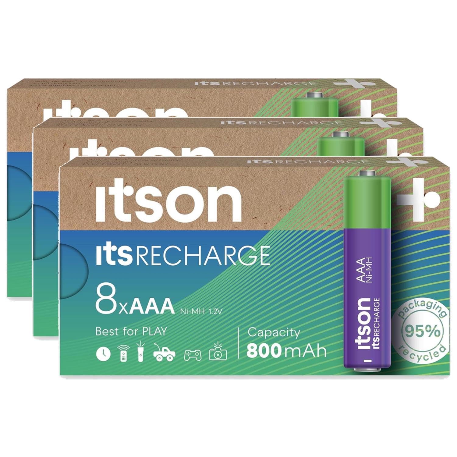 ITSON Lot de 3 x 8 Piles Rechargeables AAA Pro NiMH prêtes à l'emploi, 800 mAh, idéales pour horloges, Torches, télécommandes