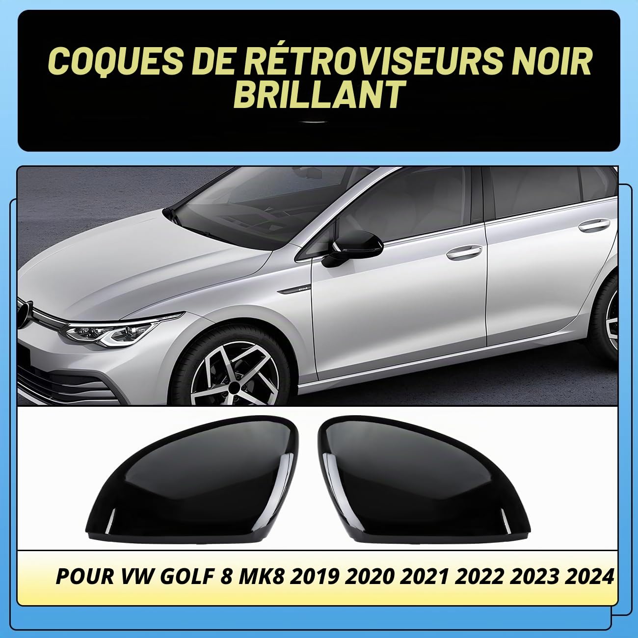 GEARMONSTER Coques de rétroviseurs, boîtiers de rétroviseurs, couvercles de rétroviseurs de rechange compatibles avec le couvercle de rétroviseur latéral pour VW Golf 8 MK8 2019-2021, Noir brillant