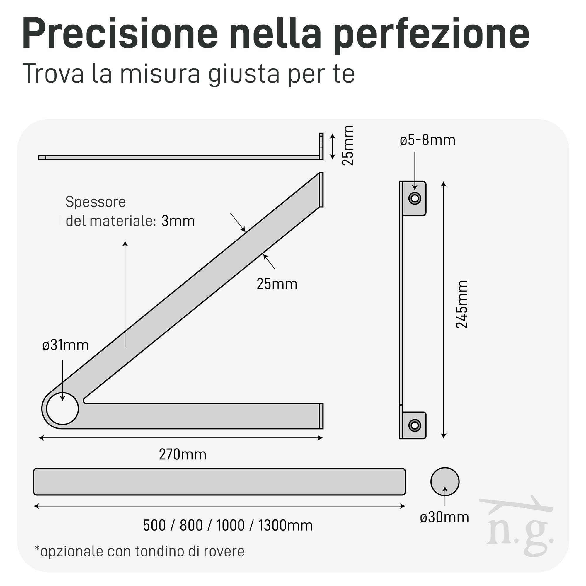 Natural Goods Berlin Appendi-Abiti da Muro Design GARD REINICKENDORF | Montaggio a Parete | Supporti per Asta per Abiti in Metallo in Negro | 100cm Barra Rotonda in Legno di Rovere Europeo