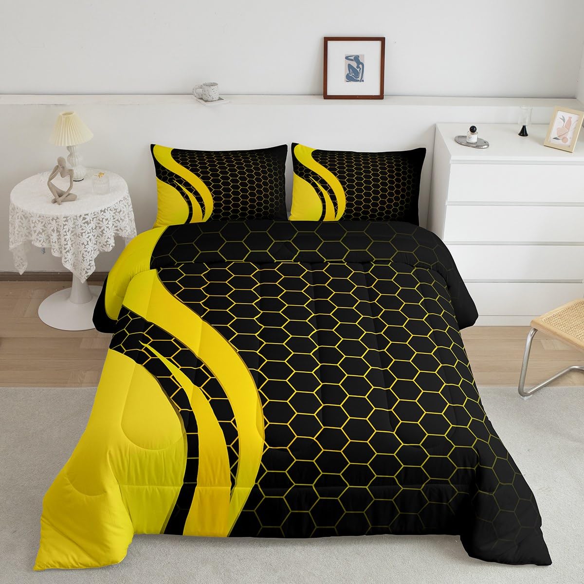 Geometry Bedding Set Geometry Honeycomb Comforter Set for Kids Boys Girls Teens Hexagonal Geometrical Yellow Black Comforter Beehive Duvet Set King Size Boys