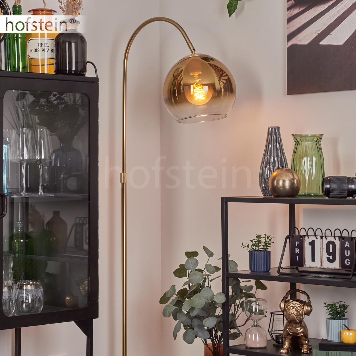 Stehleuchte Koyoto, Stehlampe aus Metall/Glas in Messing/Gold/Klar, Leuchte im Retro/Vintage/Industrial-Design mit Schirm aus Glas (Ø 25 cm) u. Fußschalter, Höhe 140 cm, 1 x E27, ohne Leuchtmittel