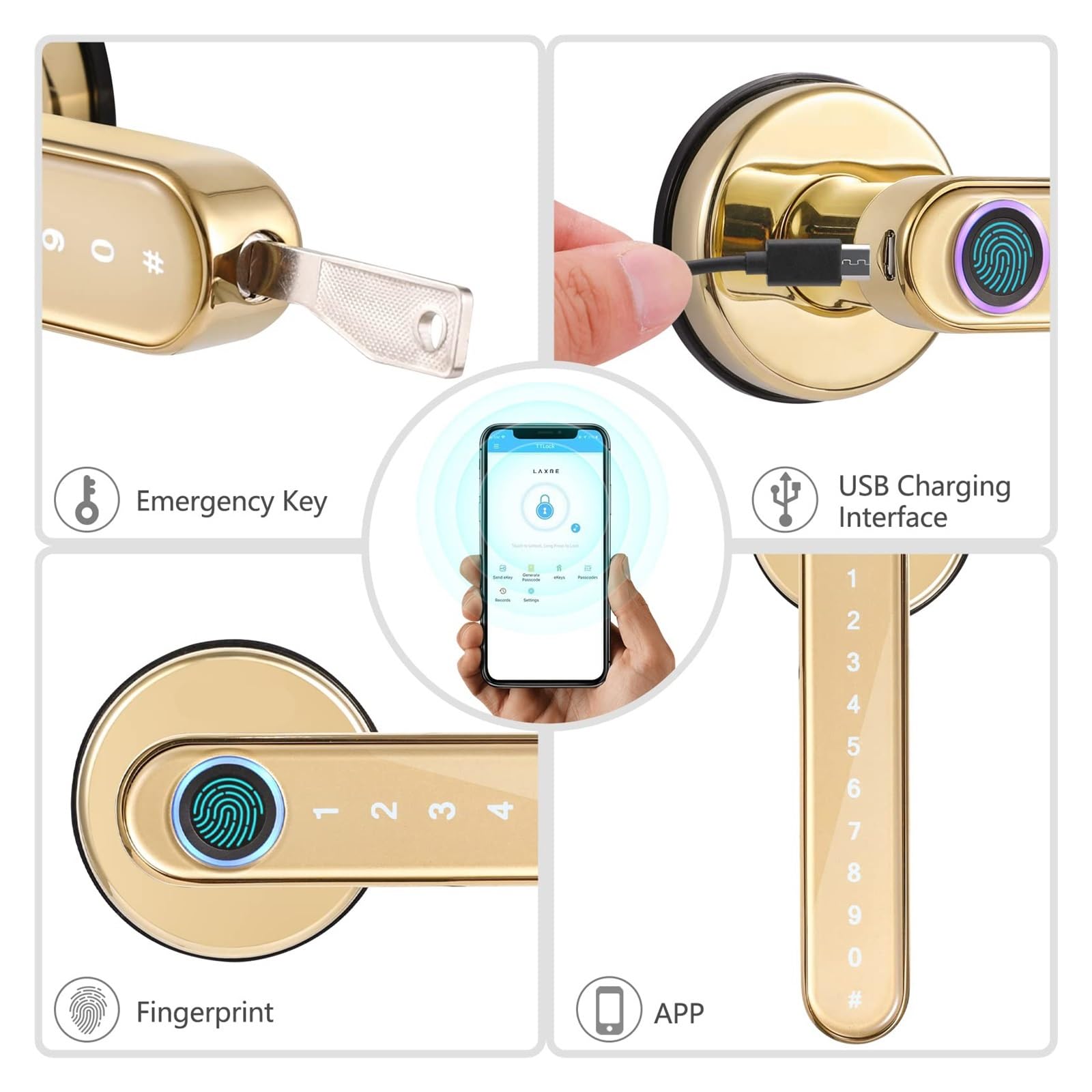 Blocco biometrico delle impronte digitali Bluetooth Chiave colore oro APP Serratura digitale intelligente con maniglia elettronica(Gold)