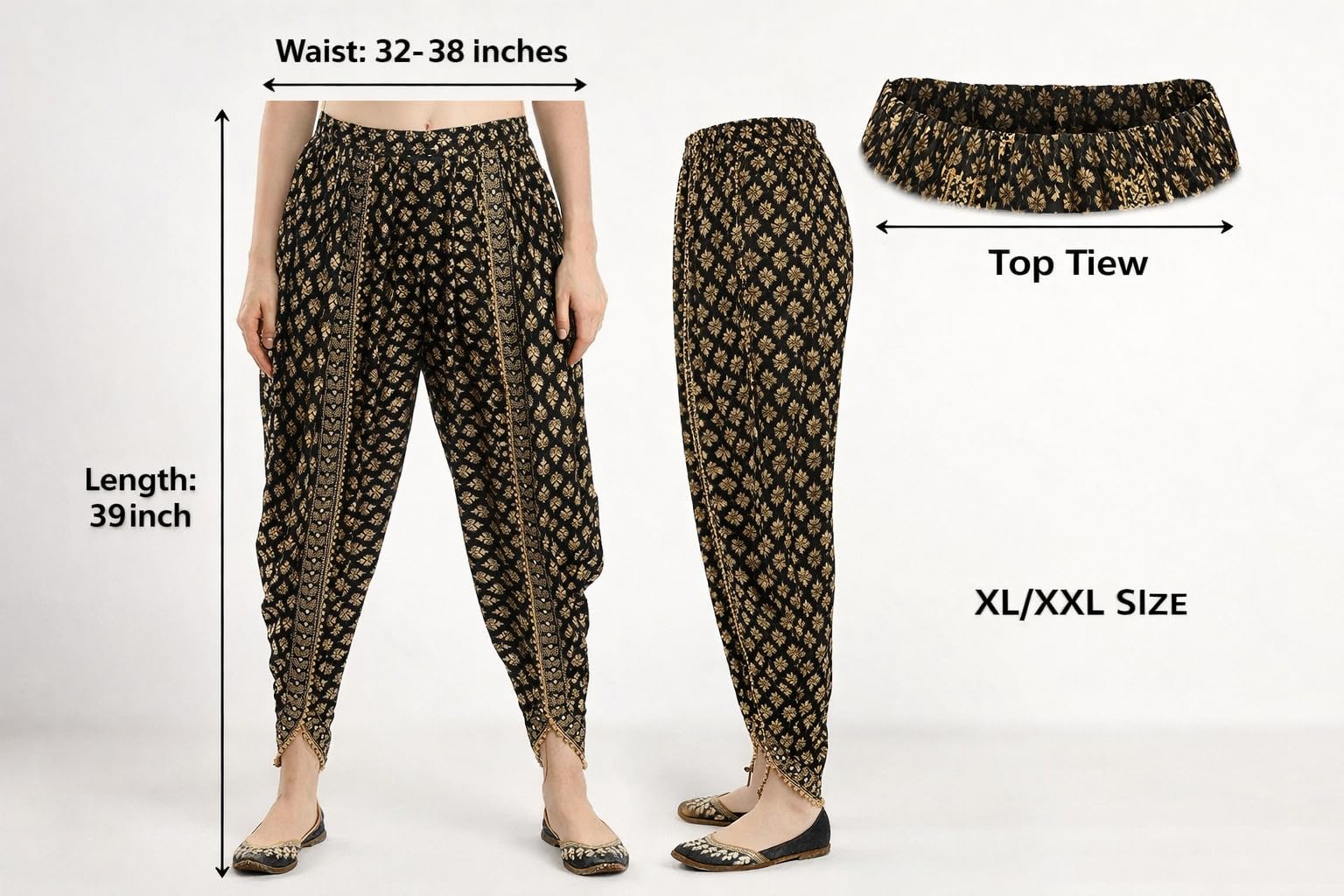 ZARAKI Rayon Harem Pants Ideal for Dance or Movement Dhoti Waist Size (32-38 INCHES (XL/XXL)) Black Printed Pack of 1 1