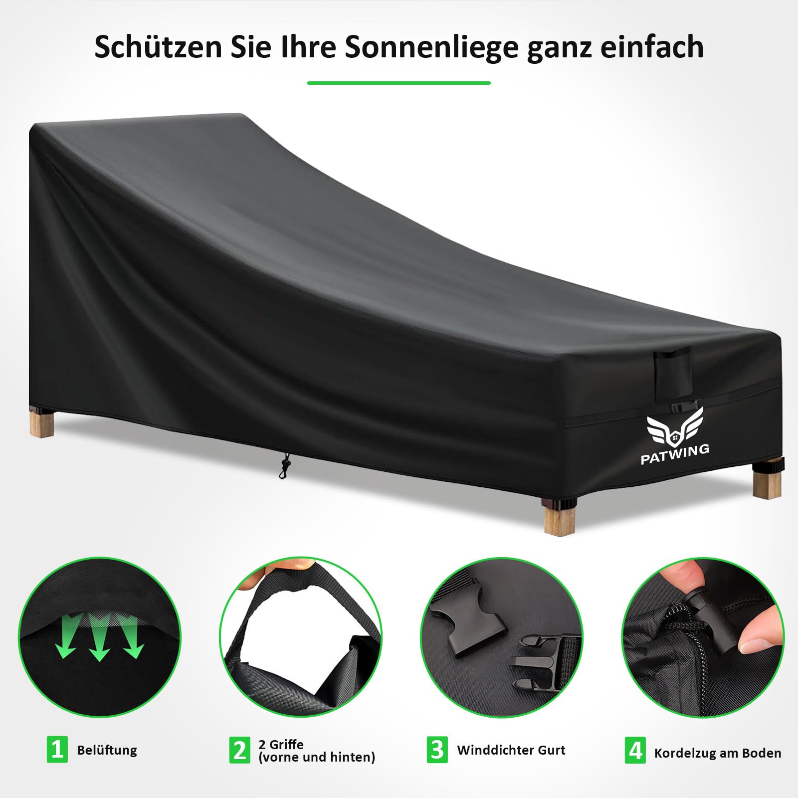 Housse de Chaise Longue de Jardin, Tissu Oxford 600D Housse pour Chaise Longue, Imperméable, Coupe-Vent, Résistant Aux UV de Jardin pour Chaise Longue (Noir, 200*70*40/75cm)