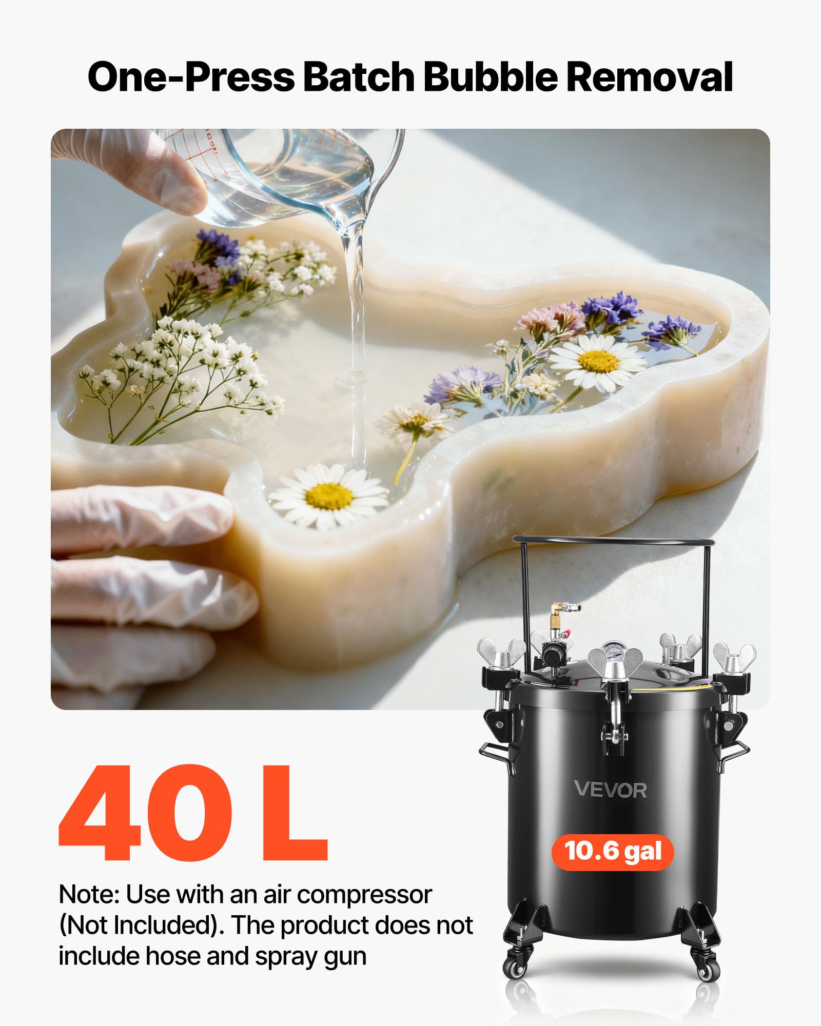 VEVOR Tanque de Presión Capacidad de 40 litros, con 3 Conectores Rápidos UE/AU/EE. UU. para Aficionados al Bricolaje Artistas de Estudio Creadores, con 4 Ruedas, hasta 0,55 MPa, 450 x 450 x 740 mm