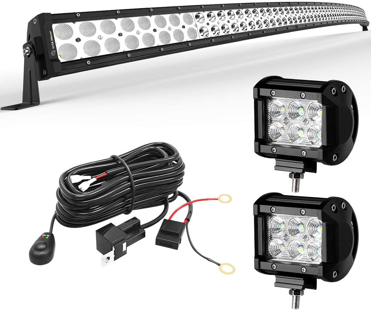 LEDKINGDOMUS Led Light Bar 300W 52 inches Curved Light Bar & 2pc 4 inches 18W Flood Light Pods & Switch Wiring Harness Compatible for Pickup, Truck, Car, ATV, 4x4, 4WD, Off Road Driving Light