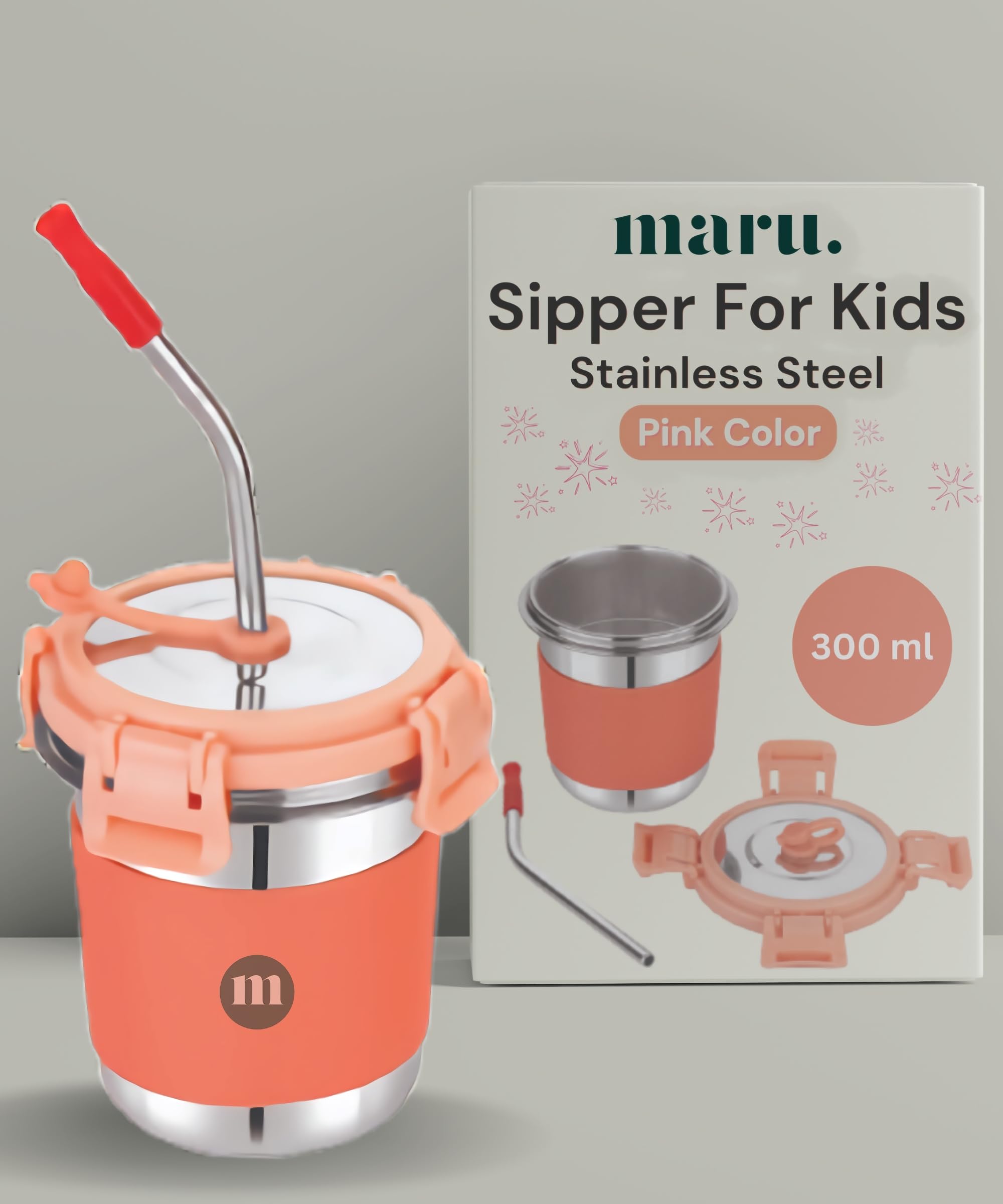 Maru stainless steel Tumbler with Lid & Straw 300ml, Durable & Leakproof Anti-slip silicone grip Sipper Glass tumbler for Juices, Smoothies & Milk, Travel-Friendly & Perfect for Everyday Use, Ice Pink-image-19