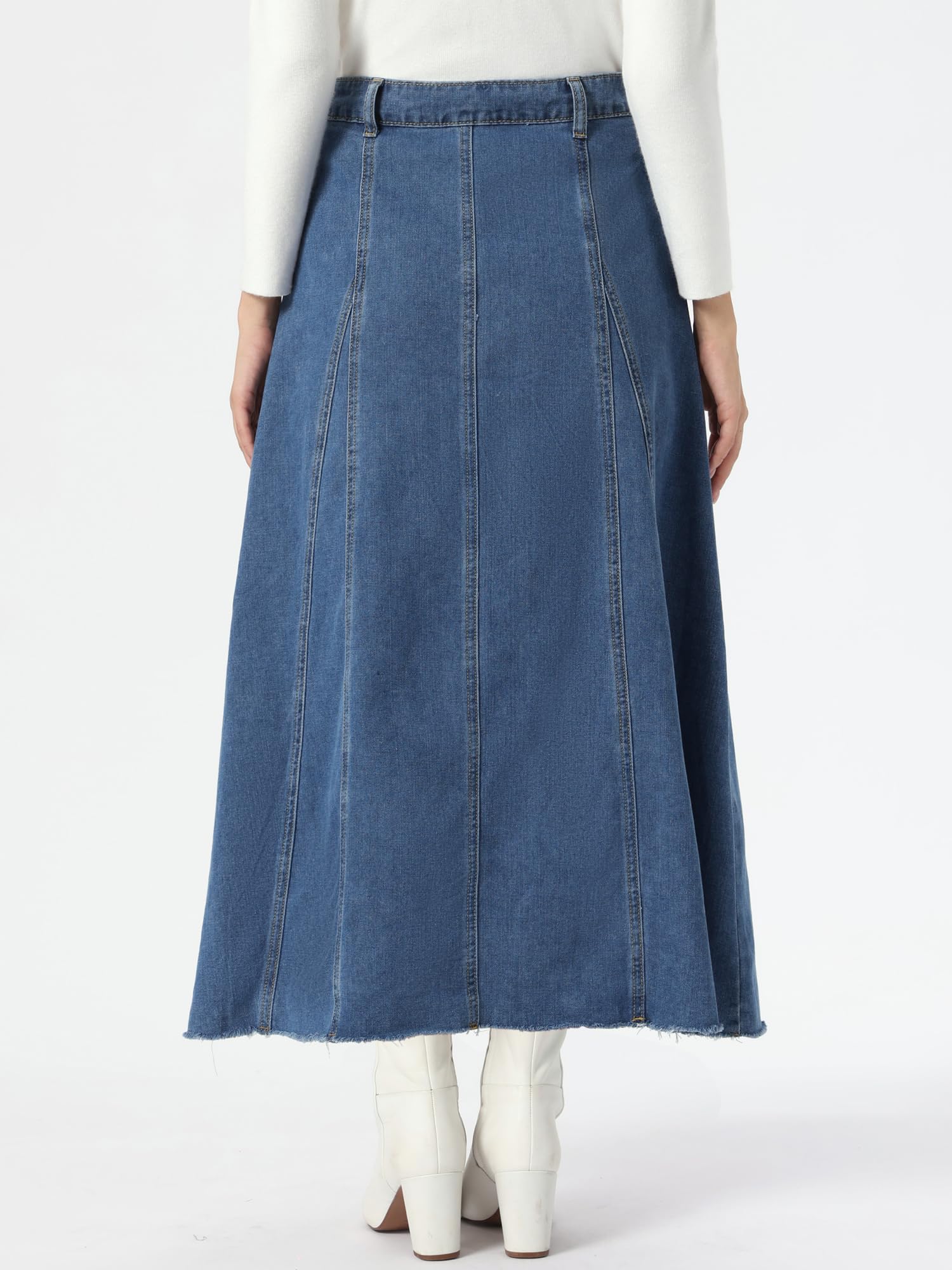 Allegra K Femme Jupe Longue en Jean Taille Haute Trapèze Coutures Été | Coupe Évasée Ourlet Effiloché Poches Patch Automne 2026 Usage Quotidien Décontracté