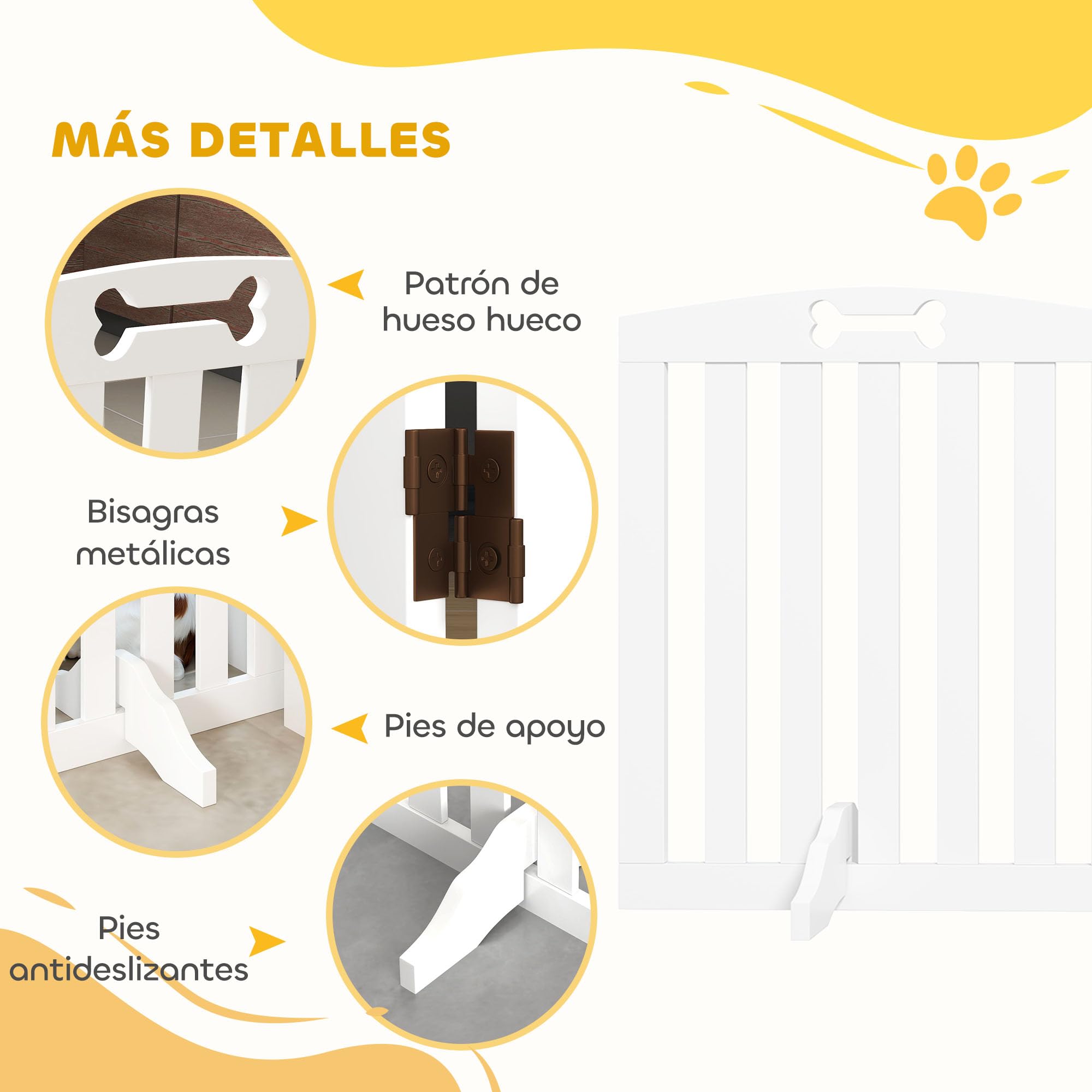 PawHut Barrera de Seguridad para Perros Plegable 207,5 cm, Valla para Perros Pequeños y Medianos de 4 Paneles con Pies Extraíbles, Puerta de Seguridad para Mascotas, para Escalera, Pasillo, Blanco