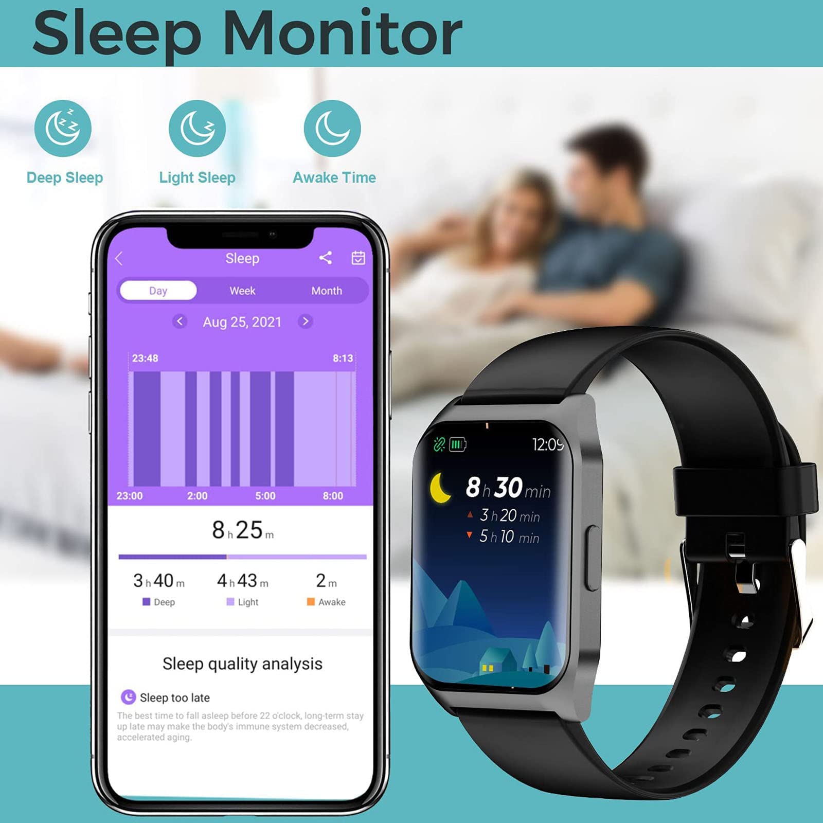 4.3 cm dotykowy smartwatch dla mężczyzn i kobiet. Wodoodporny monitor fitness IP67 z pulsometrem i monitorem snu, z 24 trybami ćwiczeń, krokomierzem kalorii, smartwatchami do iPhone'a i