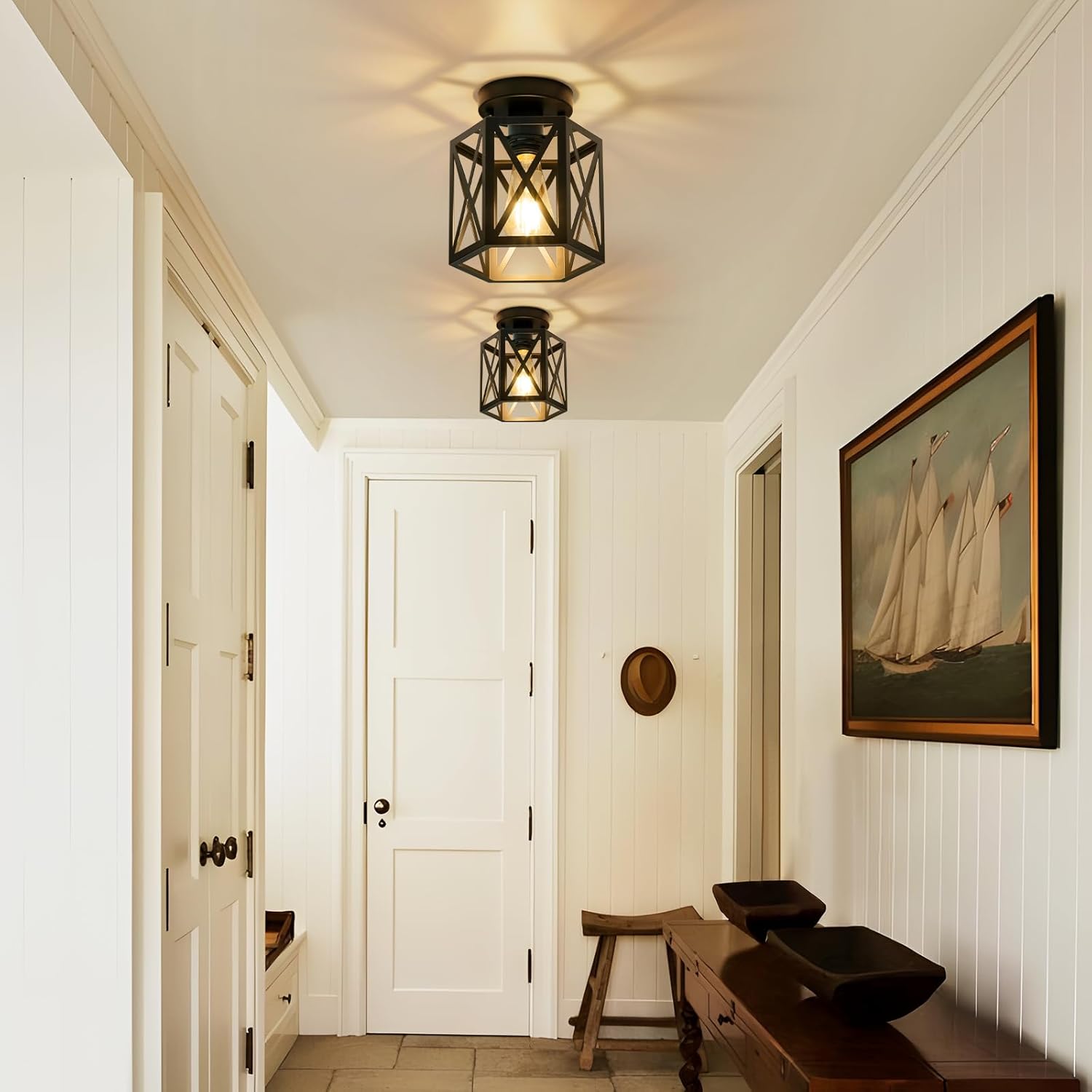 Modern Semi Flush Mount Ceiling Light,1-Light Hexagon Flush Mount Ceiling Lights for Dining Room Light Fixture,Farmhouse Black Metal Kitchen Island Lighting Fixtures for Hallway,Bathroom