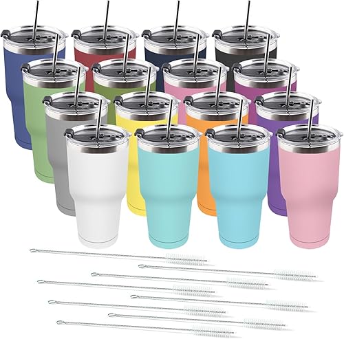 Miniatura 1 de Amtidy Paquete de 16 tazas de viaje de 30 onzas, vaso de acero inoxidable recubierto de polvo de doble pared a granel, aislamiento duradero con