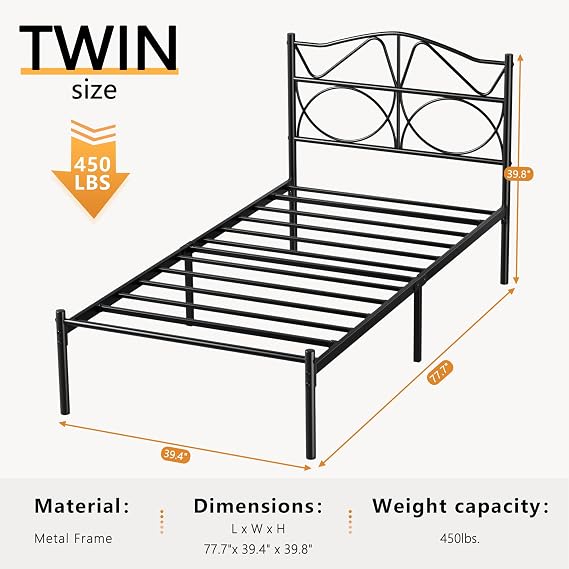 VECELO Twin Size Bed Frame, Metal Bed Platform with Headboard, Sturdy Steel Slats Support, No Box Spring Needed/Noise-Free,Easy Assembly, Black
