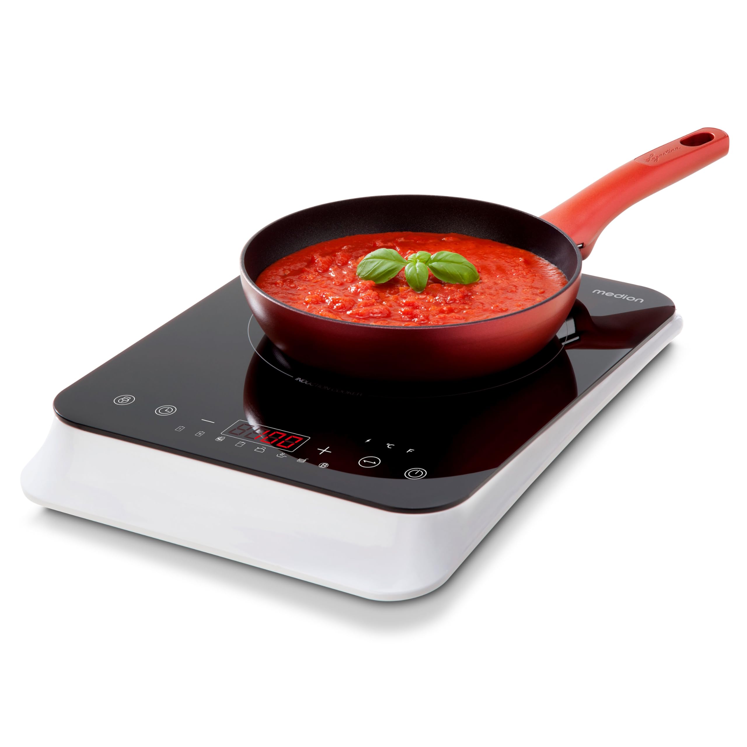 MEDION Placa de inducción (individual, 2000 vatios, placa de inducción, 8 programas automáticos, detección automática de ollas, sensor táctil, pantalla LED, 10 ajustes de temperatura, placa de cristal