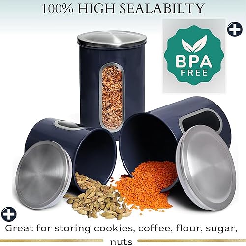 Miniatura 3 de MiXPRESSO Juego de 3 recipientes azules para la cocina, tarros de cocina con ventana transparente, recipiente de café hermético, organizador de té y