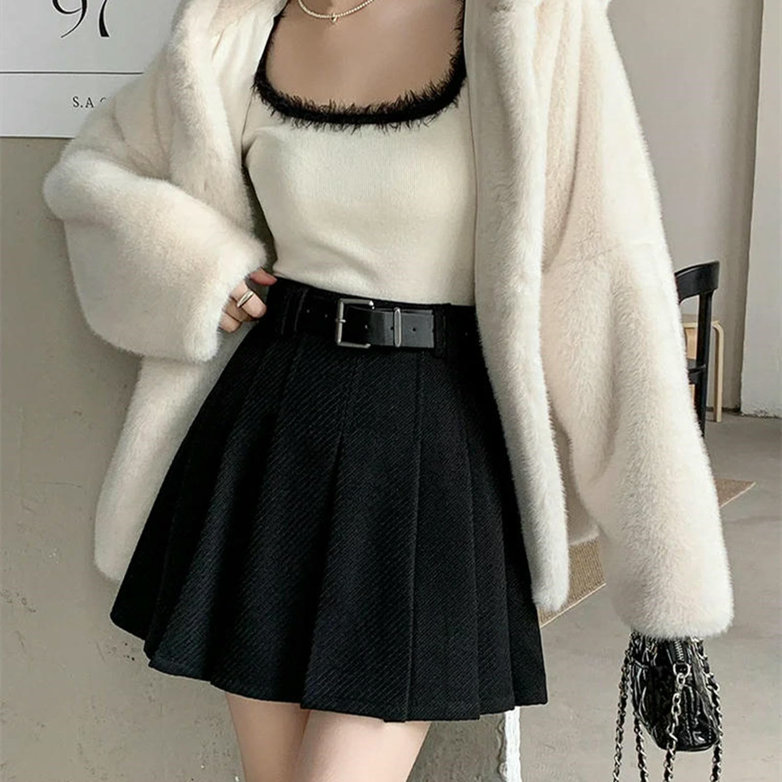 Gonna Lunga Mini A Pieghe Invernale Vintage da Donna Streetwear Vita Alta Gonne Carine con Pantaloncini Cintura Nera Grigia Donna-Nero-s